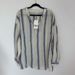 Zara Men’s Stripped Navy White Long Sleeve Shirt Size L